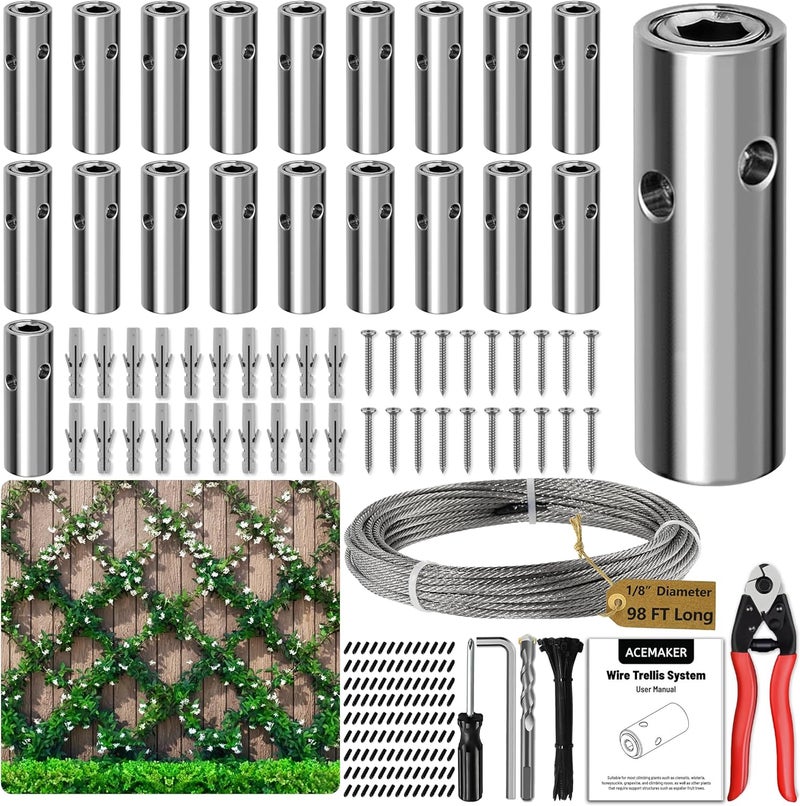 Acemaker Wire Trellis for Climbing Plants Outdoor, 20-Set Wall Wire Trellis Kit with 1/8in x 98ft Stainless Steel Cable & Cutter, T316 Cylindrical Espalier System for Fence and Garden DIY Projects - Image 1